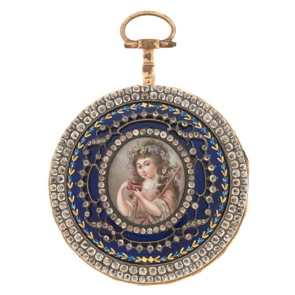 A French gilt and stone set verge with enamel portrait Circa 1790