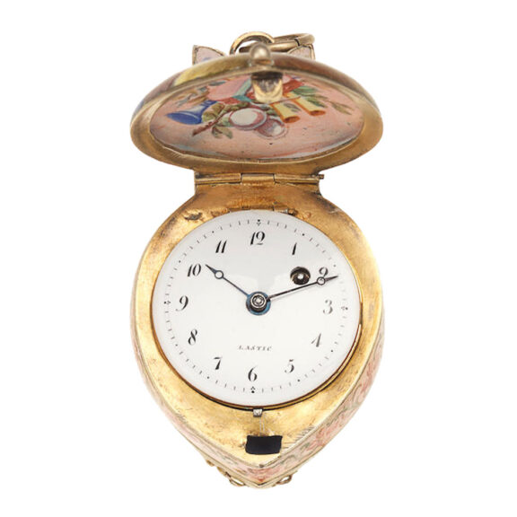 Unusual Swiss gilt, enamel watch in the form of a lute Circa 1790 Unusual Swiss gilt, enamel watch in the form of a lute Circa 1790
