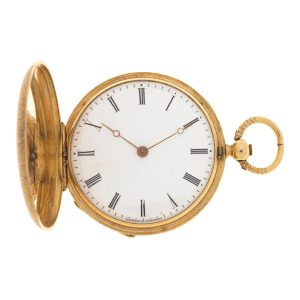 A Swiss gold cylinder pocket watch in full hunter case Circa 1860