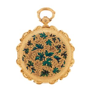 A Swiss gold and enamel unusual form pocket watch Circa 1870