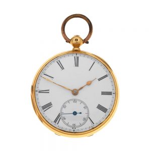 An English gold key wind open face lever pocket watch Circa 1877