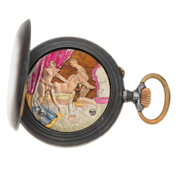 A Swiss gun metal pocket watch with erotic automaton Circa 1900