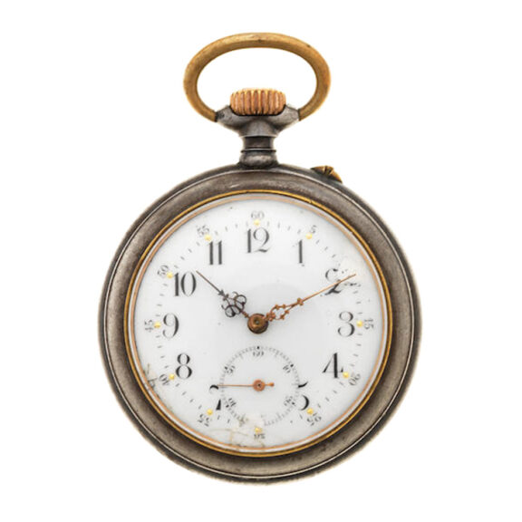 A Swiss gun metal pocket watch with erotic automaton Circa 1900 A Swiss gun metal pocket watch with erotic automaton Circa 1900