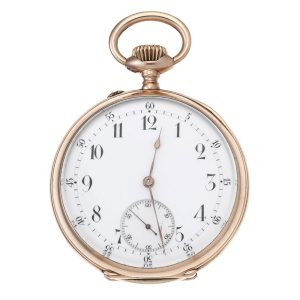 A Swiss gold keyless wind open face pocket watch Circa 1940