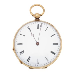 A Swiss gold key wind open face cylinder pocket watch Circa 1830