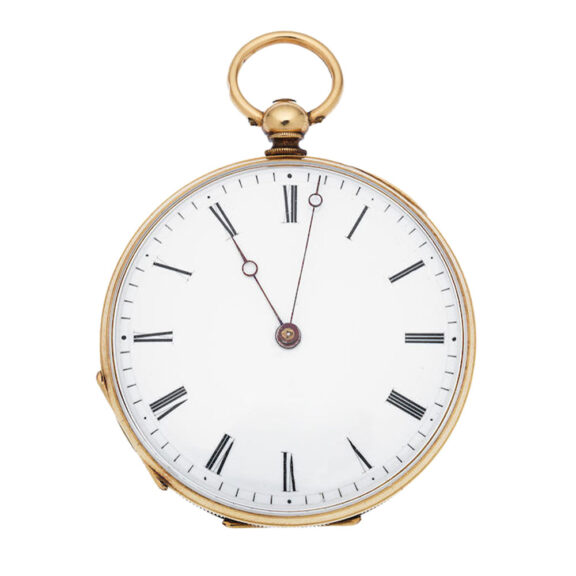 A Swiss gold key wind open face cylinder pocket watch Circa 1830