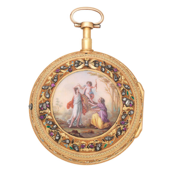 Swiss gold repeater with enamel and stone set reverse Circa 1790