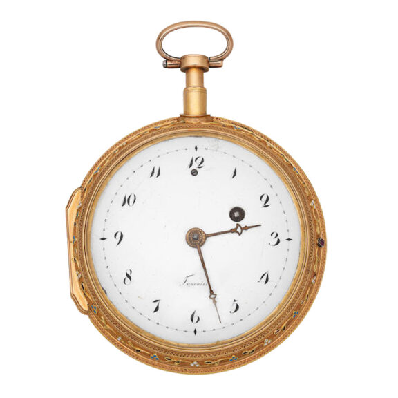 Swiss gold repeater with enamel and stone set reverse Circa 1790 Swiss gold repeater with enamel and stone set reverse Circa 1790