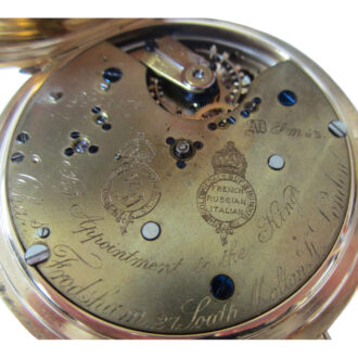 A fine English gold minute repeating lever clock watch Circa 1916