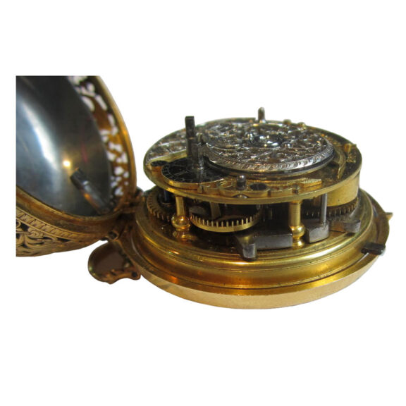 English gold repousse quarter repeater with pulse piece Circa 1730 English gold repousse quarter repeater with pulse piece Circa 1730
