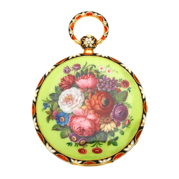 A small Swiss gold cylinder with enamel decoration Circa 1820