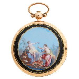 A fine French gold pocket watch with enamel scene Circa 1790