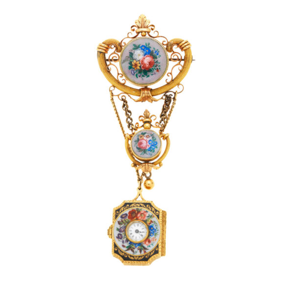 Gold miniature watch with matching chatelaine Circa 1850