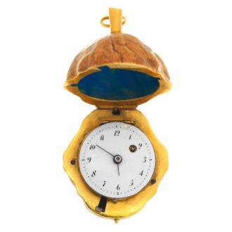 Gold verge watch in enamel painted walnut form case Circa 1860
