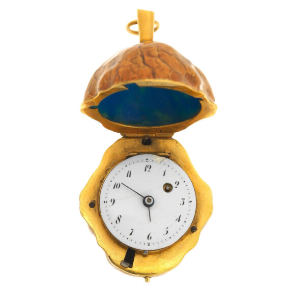 Gold verge watch in enamel painted walnut form case Circa 1860