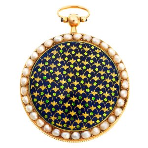 Slim Swiss gold and enamel verge set with split pearls Circa 1780