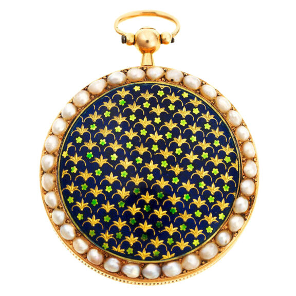 Slim Swiss gold and enamel verge set with split pearls Circa 1780