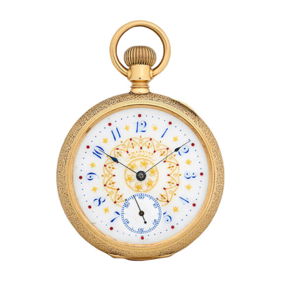 American gold open face pocket watch with fancy dial Circa 1888