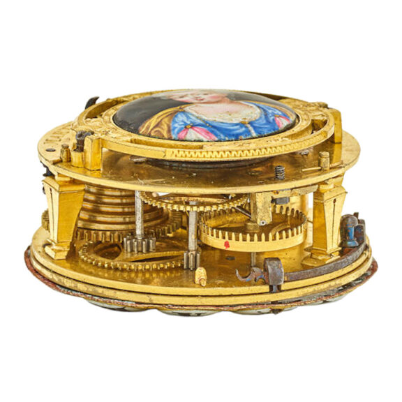 Oignon watch with mock pendulum & enamel portrait Circa 1695 Oignon watch with mock pendulum & enamel portrait Circa 1695