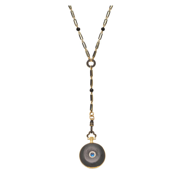 Swiss enameled gold gem-set pendant watch and chain Circa 1910