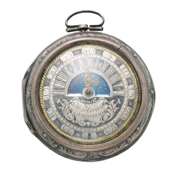 Dutch repoussé verge with sun and moon dial Circa 1700