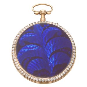 Swiss gilt metal, enamel and seed pearl cylinder watch Circa 1800