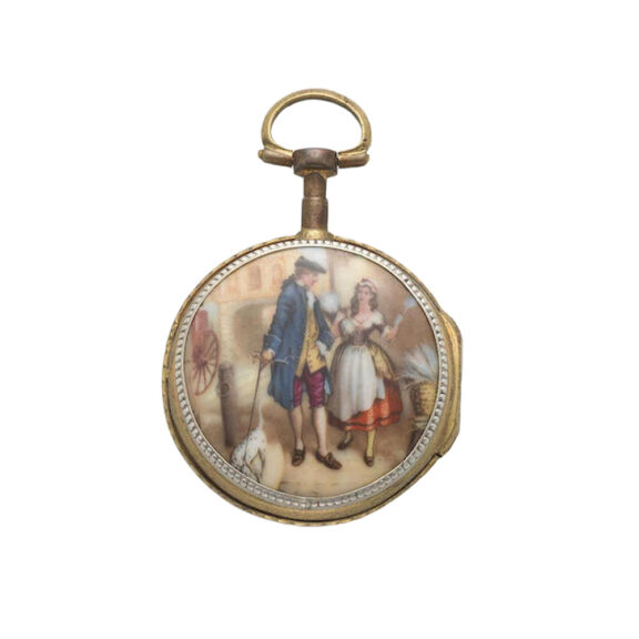 A Swiss gilt metal verge with enamel scene to reverse Circa 1790