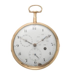 A Swiss 18 carat gold open face calender pocket watch Circa 1810