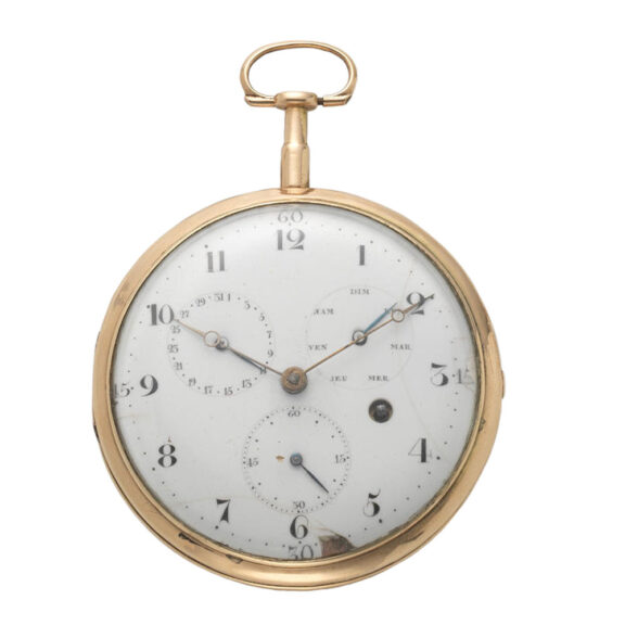 A Swiss 18 carat gold open face calender pocket watch Circa 1810