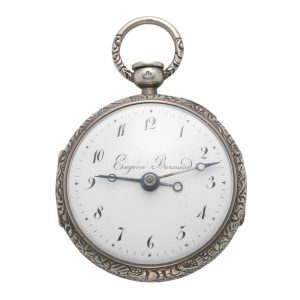 A Swiss silver alarm pocket watch in an open face case Circa 1800