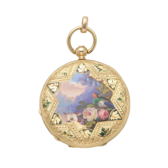 Swiss gold and enamel hunting cased cylinder watch Circa 1830 Swiss gold and enamel hunting cased cylinder watch Circa 1830