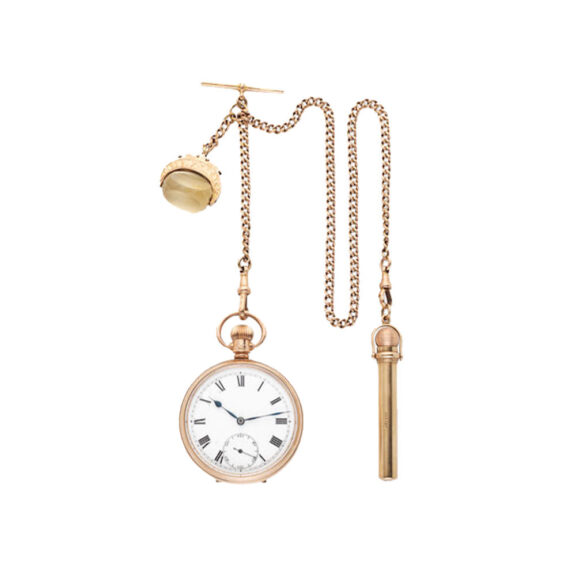 English 9k gold lever watch with chain and fobs Circa 1930