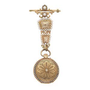 Swiss gold seed pearl set fob watch with chatelaine Circa 1890