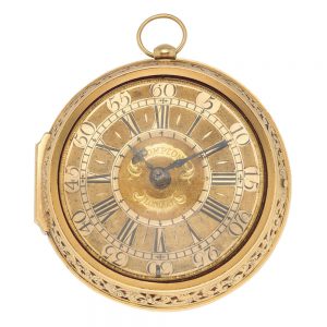 Very fine and rare gold verge clock watch in pair cases Circa 1702