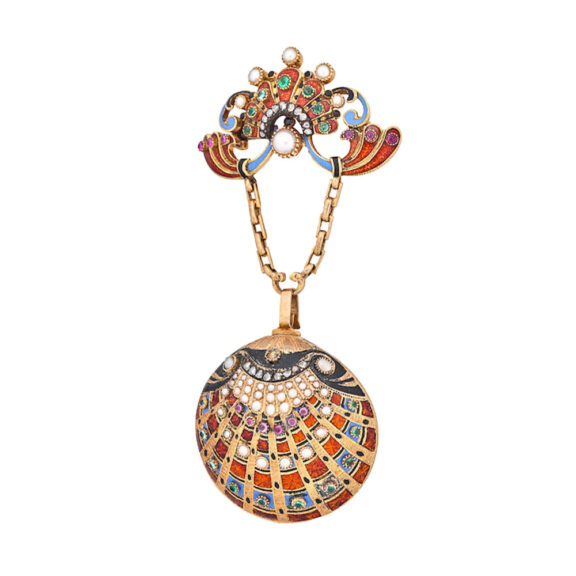 A jeweled and enameled gold shell form watch Circa 1890-1900
