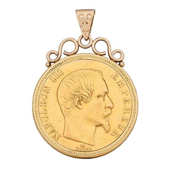 A pendant watch within an 1858 50 Franc French coin Circa 1950 A pendant watch within an 1858 50 Franc French coin Circa 1950