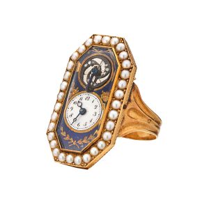 Swiss enameled gold and pearl set ring watch Circa 1819-1838