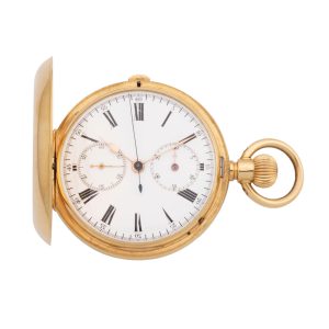 Swiss gold full hunter chronograph pocket watch, circa 1900