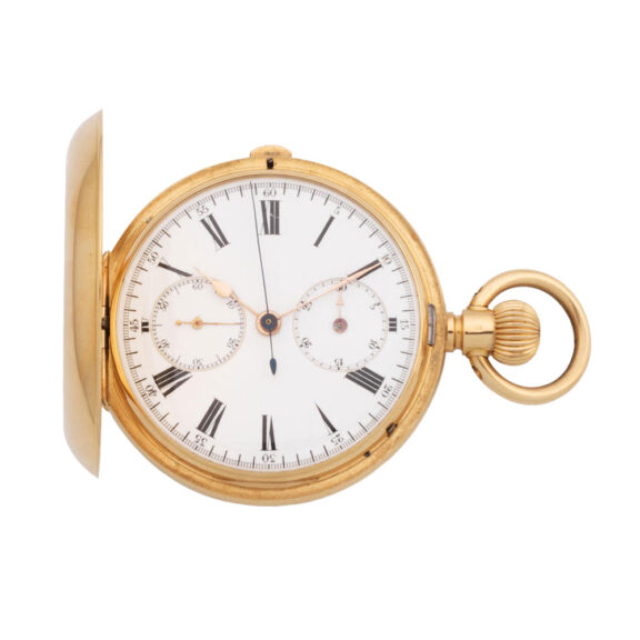 Swiss gold full hunter chronograph pocket watch, circa 1900
