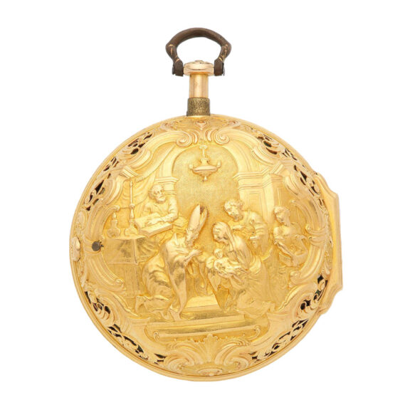 English 18k gold pair cased repoussé verge Circa 1743