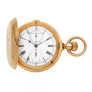 Gold full hunter chronograph with 1/5th seconds Circa 1895