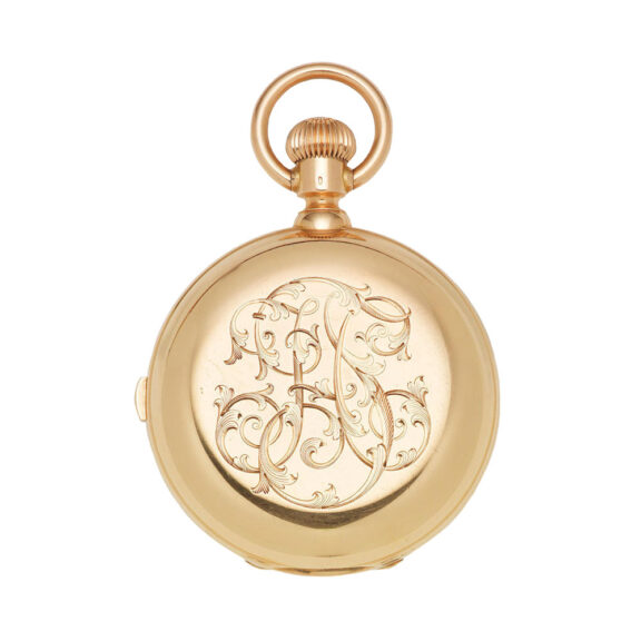 Gold full hunter chronograph with 1/5th seconds Circa 1895 Gold full hunter chronograph with 1/5th seconds Circa 1895