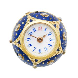 Swiss gold, enamel, diamond set ball form watch Circa 1900