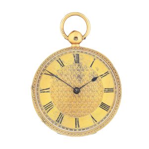 English 18K gold open faced watch with chain Circa 1834