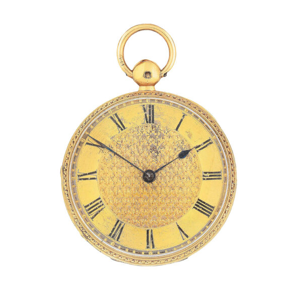 English 18K gold open faced watch with chain Circa 1834