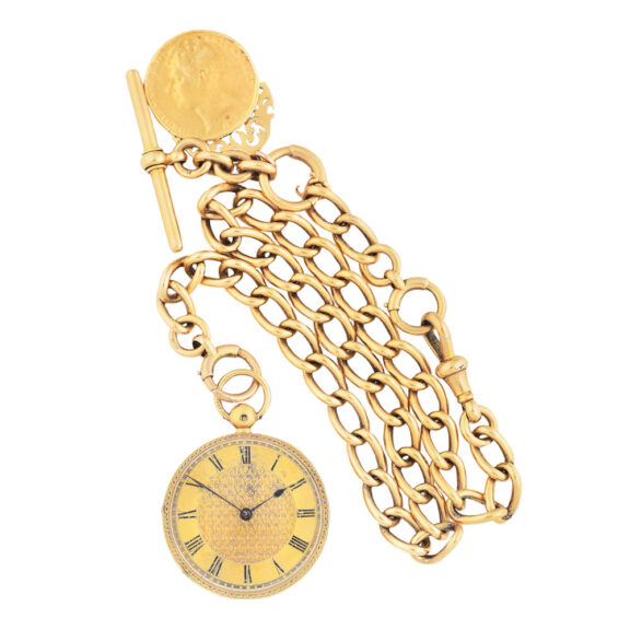English 18K gold open faced watch with chain Circa 1834 English 18K gold open faced watch with chain Circa 1834