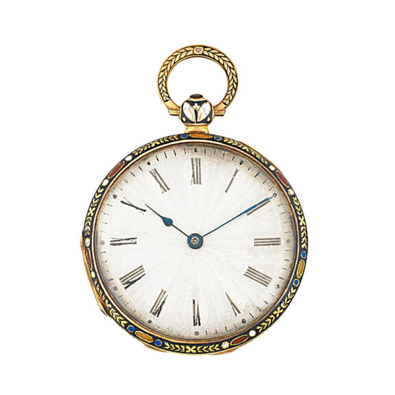 Decorated English gold and enamel cylinder watch Circa 1840 Decorated English gold and enamel cylinder watch Circa 1840