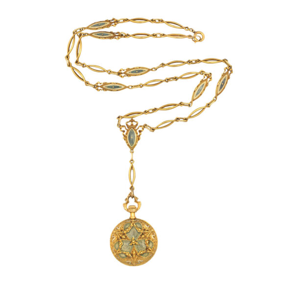 Swiss gold and enamel open faced lever wit chain Circa 1905 Swiss gold and enamel open faced lever wit chain Circa 1905