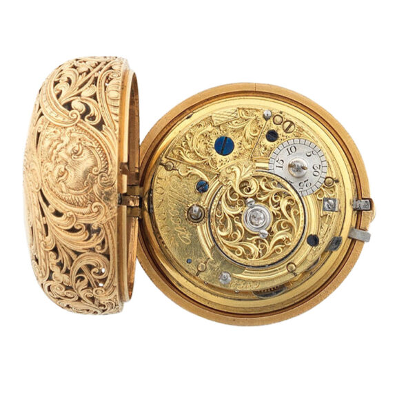 Fine English gold quarter repeating repoussé watch Circa 1770 Fine English gold quarter repeating repoussé watch Circa 1770