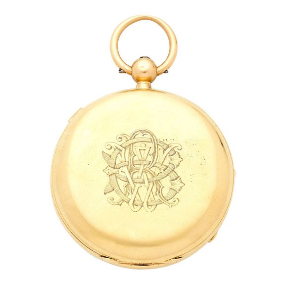 English 18K gold open faced key wind lever watch Circa 1882 English 18K gold open faced key wind lever watch Circa 1882
